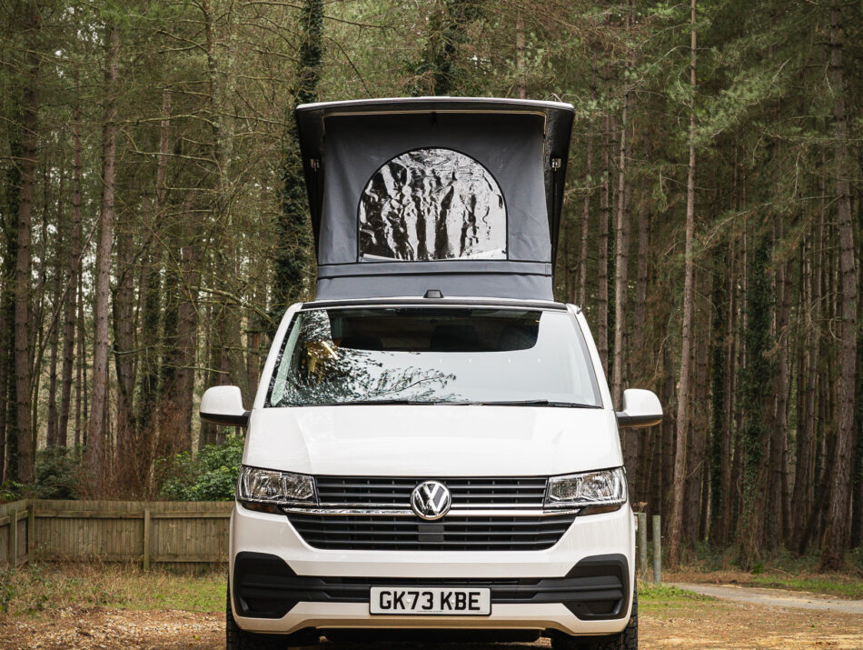 Front view of white campervan