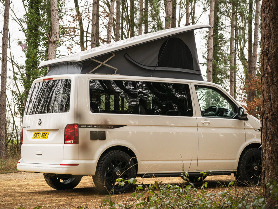 Back angle view of white campervan