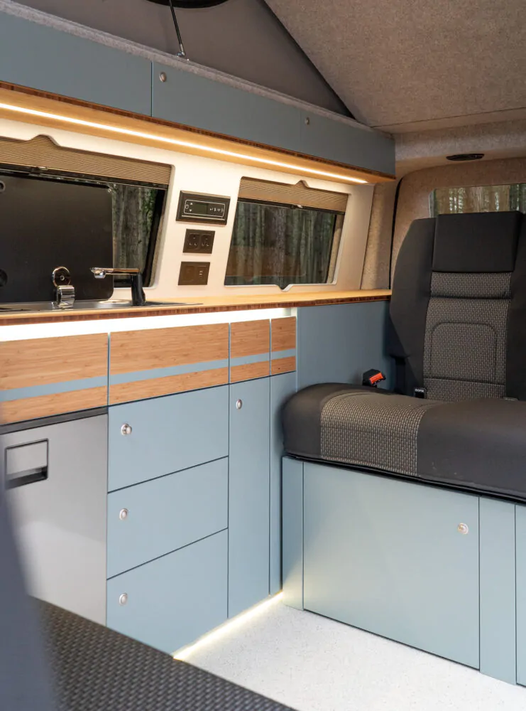 Lighting and furnishing inside campervan