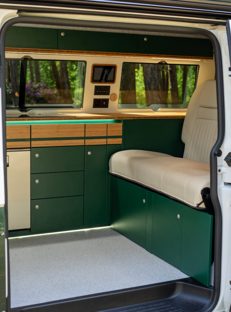 Green interior kitchen and cream upholstery RIB bed