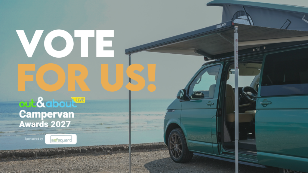 OAAC camper with the text 'vote for us!' and the out & about live logo